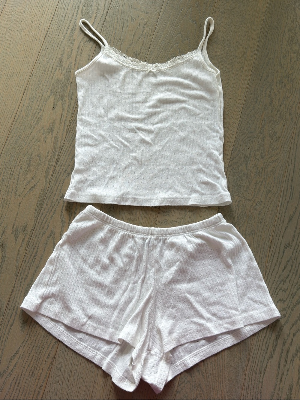 Brandy Melville White Ribbed Lace-Trim Cami & Short Sleep Set
